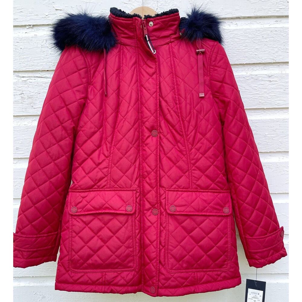 NEW Tommy Hilfiger Coat Womens S Red Quilted Hooded Parka Navy Shearling - Picture 1 of 7